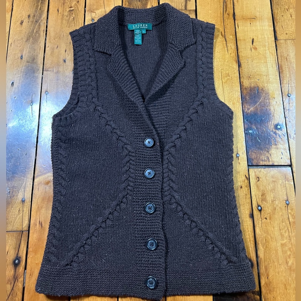 Lauren Ralph Lauren Women’s Small Wool Cashmere Cardigan Sweater Vest Brown Soft